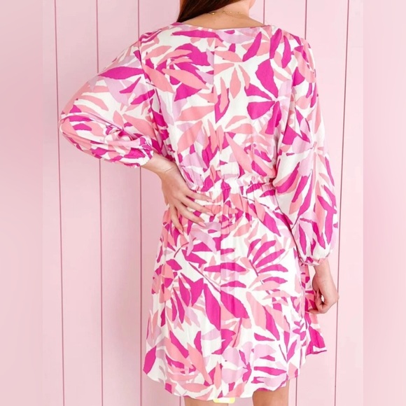 Emily Wonder Womens S Pink Floral V-Neck Dress Boho Preppy Classic Coastal - Picture 2 of 16